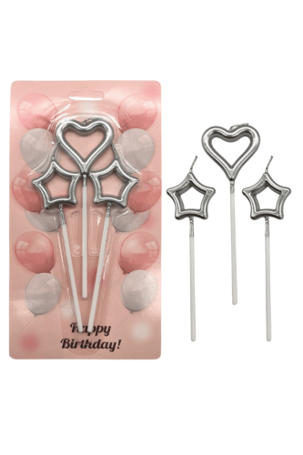 Mum Çubuklu Kalp Yıldız Metalik Gümüş Set 3 Parça - 