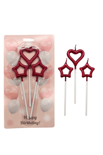 Mum Çubuklu Kalp Yıldız Metalik Kırmızı Set 3 Parça - 