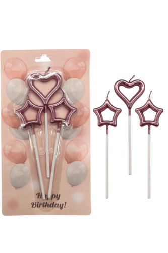 Mum Çubuklu Kalp Yıldız Metalik Rose Gold Set 3 Parça - 