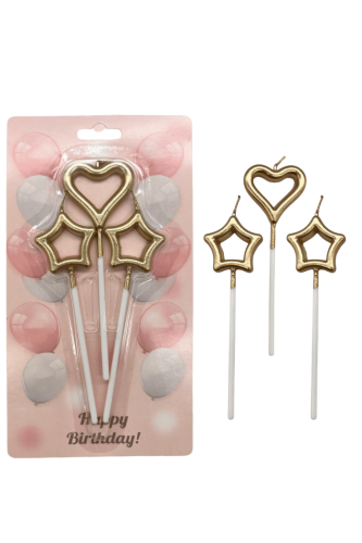 Mum Çubuklu Kalp Yıldız Metalik Şampanya Set 3 Parça - 