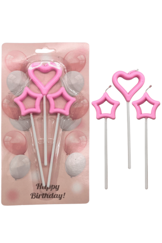Mum Çubuklu Kalp Yıldız Pembe Set 3 Parça - 
