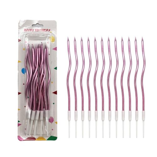 Mum İnce 16 cm Dalgalı Metalik Pembe 12 Parça - 