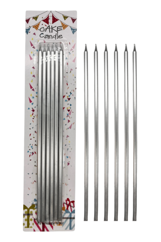 Mum İnce Uzun 25 Cm Metalik Gümüş 6 Parça - 