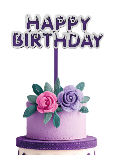 Pasta Üstü Akrilik Çubuklu Beyaz Çerçeveli Happy Birthday Mor - 