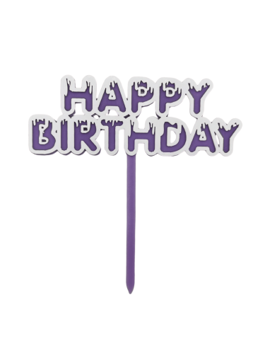 Pasta Üstü Akrilik Çubuklu Beyaz Çerçeveli Happy Birthday Mor - 1