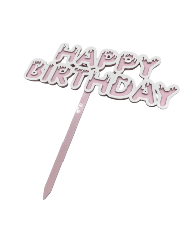 Pasta Üstü Akrilik Çubuklu Beyaz Çerçeveli Happy Birthday Pembe - 3