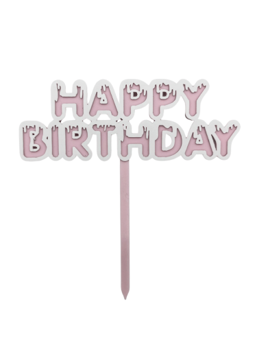Pasta Üstü Akrilik Çubuklu Beyaz Çerçeveli Happy Birthday Pembe - 1