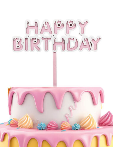Pasta Üstü Akrilik Çubuklu Beyaz Çerçeveli Happy Birthday Pembe - 1