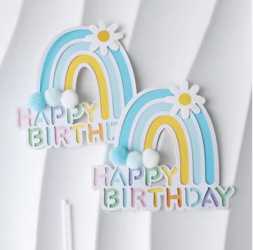 Pasta Üstü Çubuklu Happy Birthday Gökkuşağı Model Ponponlu Mavi - 3
