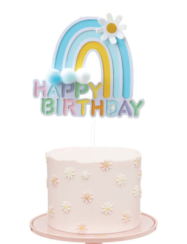 Pasta Üstü Çubuklu Happy Birthday Gökkuşağı Model Ponponlu Mavi - 1