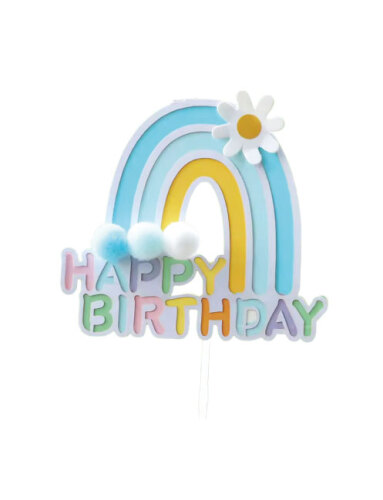 Pasta Üstü Çubuklu Happy Birthday Gökkuşağı Model Ponponlu Mavi - 2