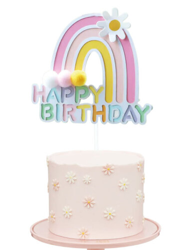 Pasta Üstü Çubuklu Happy Birthday Gökkuşağı Model Ponponlu Pembe - 1