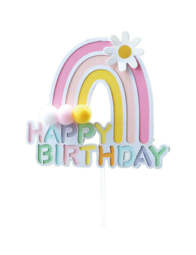 Pasta Üstü Çubuklu Happy Birthday Gökkuşağı Model Ponponlu Pembe - 2
