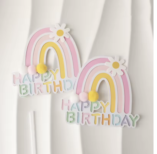 Pasta Üstü Çubuklu Happy Birthday Gökkuşağı Model Ponponlu Pembe - 3