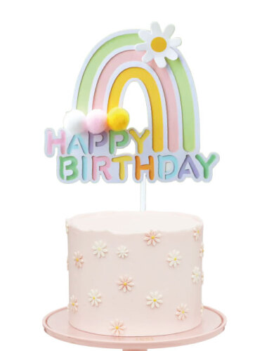 Pasta Üstü Çubuklu Happy Birthday Gökkuşağı Model Ponponlu Yeşil - 1