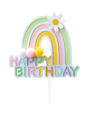 Pasta Üstü Çubuklu Happy Birthday Gökkuşağı Model Ponponlu Yeşil - 2