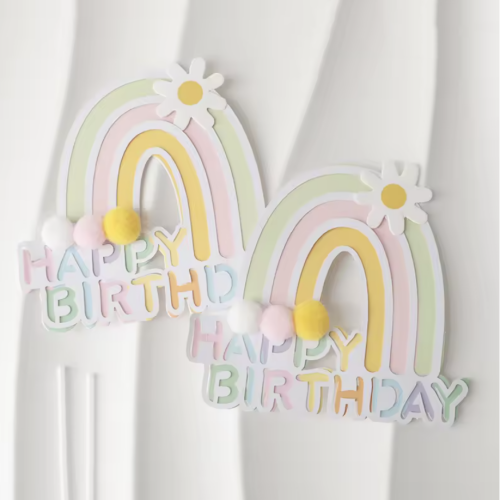 Pasta Üstü Çubuklu Happy Birthday Gökkuşağı Model Ponponlu Yeşil - 3