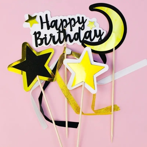  Pasta Üstü Çubuklu Happy Birthday Yıldızlı Kurdeleli 4 Parça - 4
