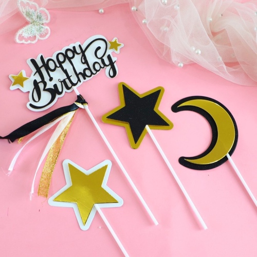  Pasta Üstü Çubuklu Happy Birthday Yıldızlı Kurdeleli 4 Parça - 2