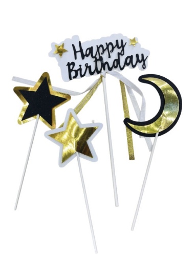  Pasta Üstü Çubuklu Happy Birthday Yıldızlı Kurdeleli 4 Parça - 1