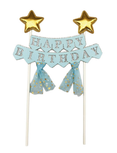 Pasta Üstü Çubuklu Happy Birthday Yıldızlı Tüllü Mavi - 2
