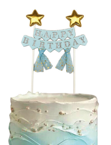 Pasta Üstü Çubuklu Happy Birthday Yıldızlı Tüllü Mavi - 
