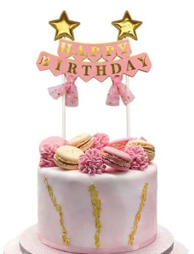 Pasta Üstü Çubuklu Happy Birthday Yıldızlı Tüllü Pembe - 1