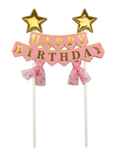 Pasta Üstü Çubuklu Happy Birthday Yıldızlı Tüllü Pembe - 2