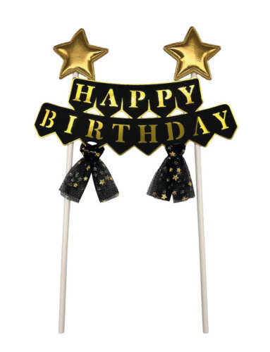 Pasta Üstü Çubuklu Happy Birthday Yıldızlı Tüllü Siyah - 2