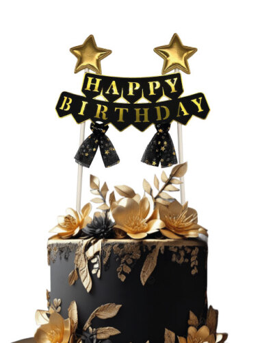 Pasta Üstü Çubuklu Happy Birthday Yıldızlı Tüllü Siyah - 1
