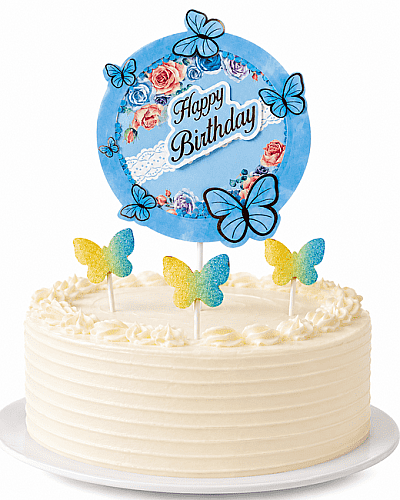 Pasta Üstü Dekor Çubuk Happy Birthday Kelebekli 4'lü Mavi - 