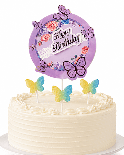  Pasta Üstü Dekor Çubuk Happy Birthday Kelebekli 4'lü Mor - 