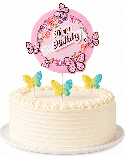 Pasta Üstü Dekor Çubuk Happy Birthday Kelebekli 4'lü Pembe - 