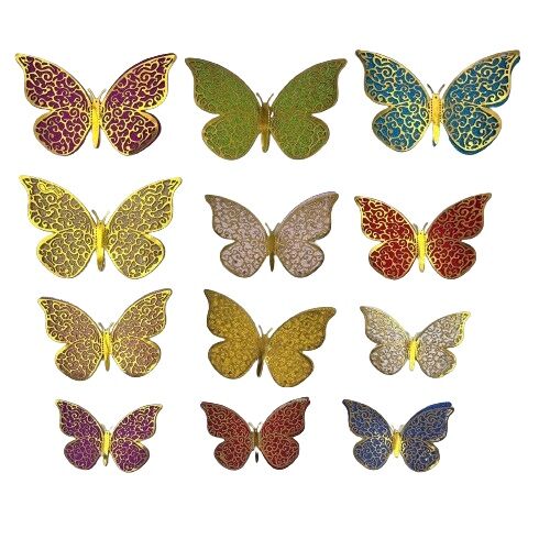 Kağıt Kelebek Dekor Süs Simli Varaklı 3D 12 Parça Renkli - 