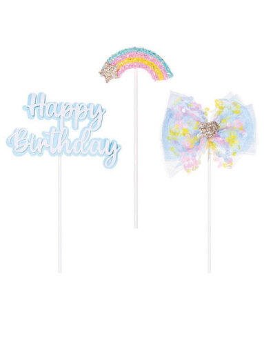Pasta Üstü Happy Birthday Tüllü Gökkuşağı Temalı 3 Parça Mavi - 1