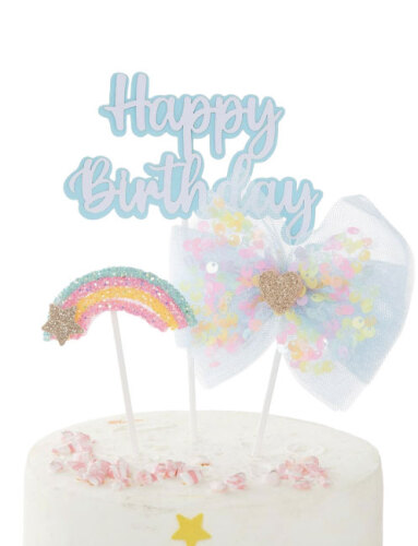 Pasta Üstü Happy Birthday Tüllü Gökkuşağı Temalı 3 Parça Mavi - 2