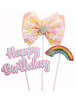 Pasta Üstü Happy Birthday Tüllü Gökkuşağı Temalı 3 Parça Pembe - 1