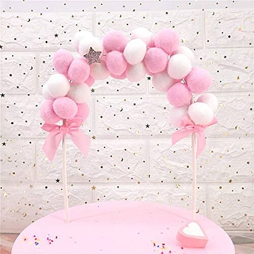 Pasta Üstü Pembe Beyaz Ponponlu Gökkuşağı Model - 