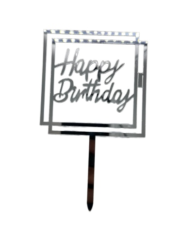 Pasta Üstü Plexi Çubuklu Happy Birthday Çerçeveli Model Gümüş - 2