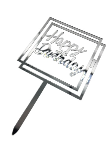 Pasta Üstü Plexi Çubuklu Happy Birthday Çerçeveli Model Gümüş - 3