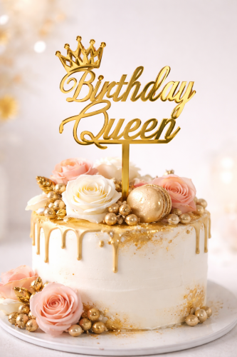 Pasta Üstü Plexi Dekor Yazı Birthday Queen Çubuklu Altın - 3