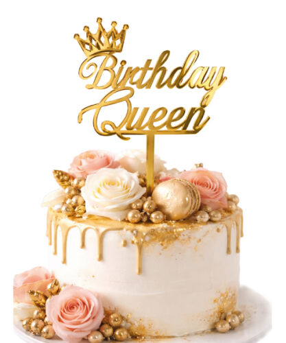Pasta Üstü Plexi Dekor Yazı Birthday Queen Çubuklu Altın - 