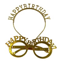 Plastik Happy Birthday Taç Gözlük Altın Set - 1