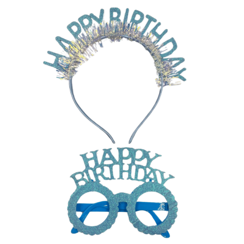 Plastik Happy Birthday Taç Gözlük Set Simli Mavi - 1