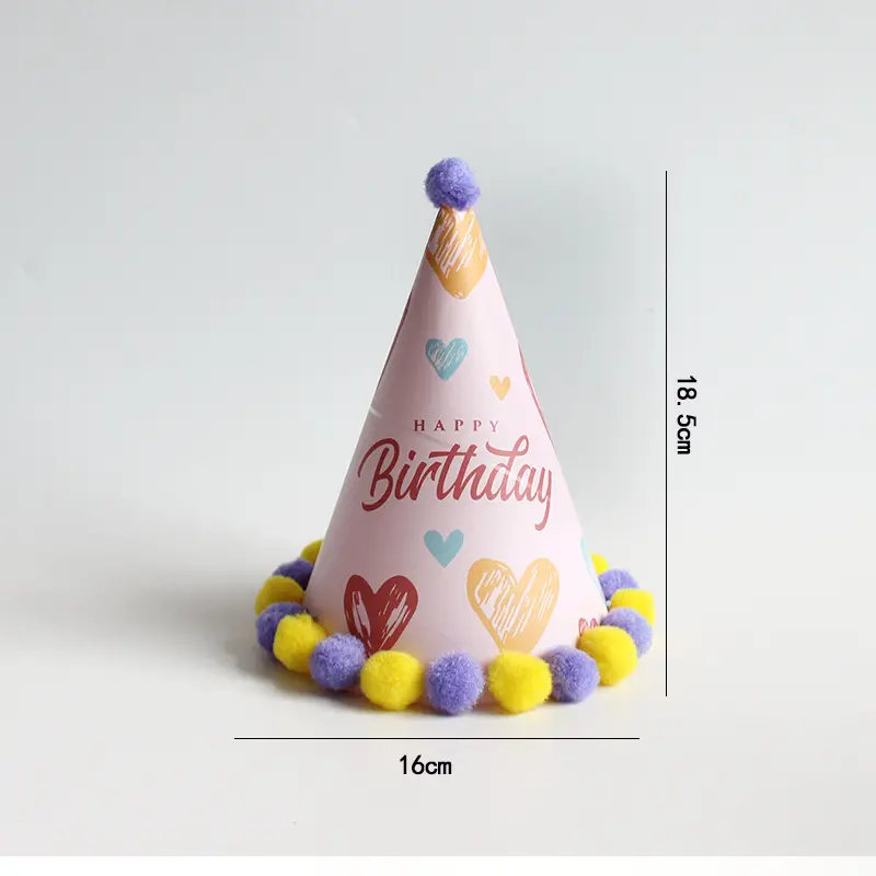 Ponponlu Şapka Happy Birthday Kalp Baskılı 18 cm (Renk Seçiniz) - 1