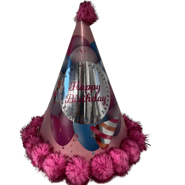 Ponponlu Şapka Happy Birthday Varak Baskılı Küçük Fuşya - 1