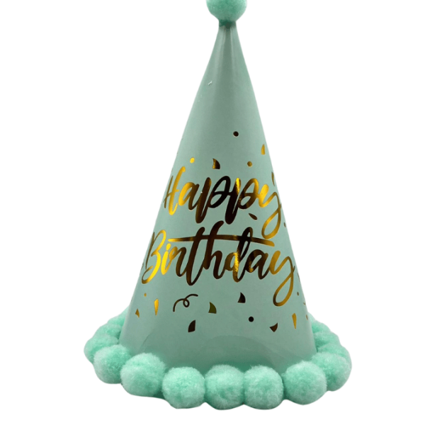 Ponponlu Şapka Makaron Parlak Happy Birthday Varak Baskılı Yeşil - 