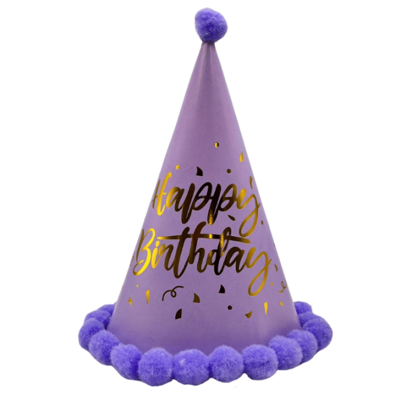 Ponponlu Şapka Makaron Parlak Happy Birthday Varak Baskılı Lila - 
