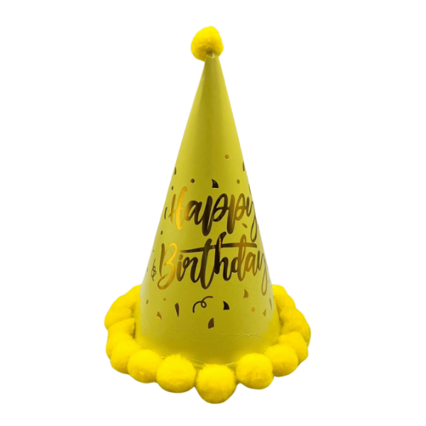 Ponponlu Şapka Makaron Parlak Happy Birthday Varak Baskılı Sarı - 