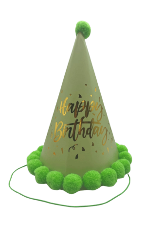 Ponponlu Şapka Parlak Happy Birthday Varak Baskılı Fıstık Yeşili - 